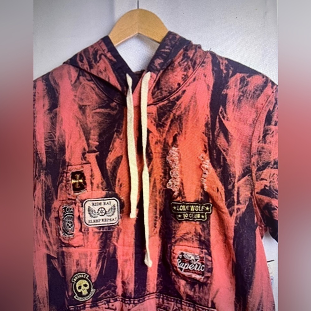 Imperious Men’s Graphic Distressed skull Patch Work Hoddie Sweatshirt Red M NWT - Picture 9 of 9